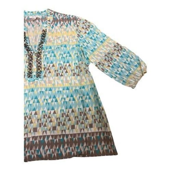 JM Collection Tunic 12 Geometric Print Blue Yellow Beaded Cotton Slit Pullover - Picture 4 of 12